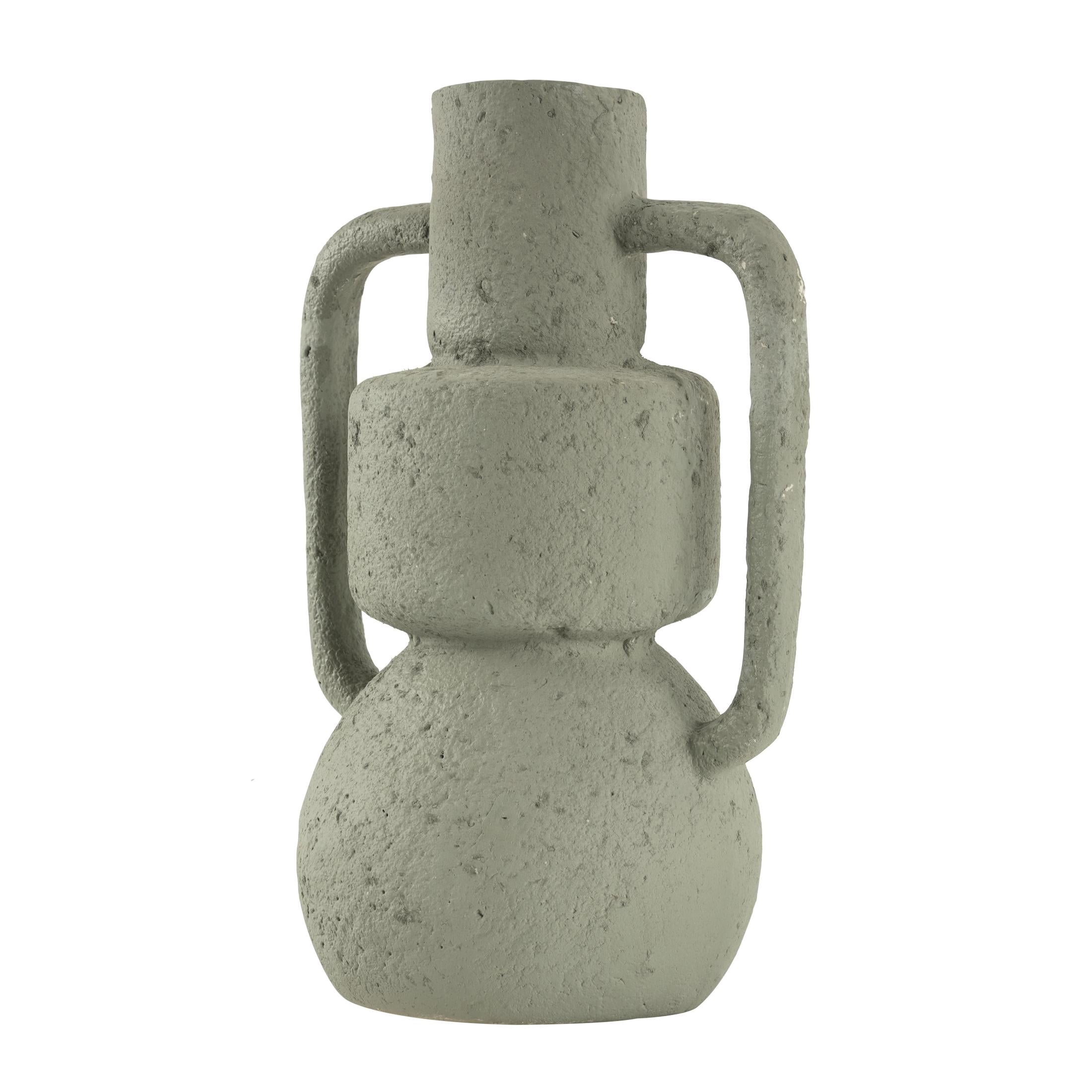 DecMode 14" Abstract Textured Light Gray Paper Mache Vase with Squared Handles