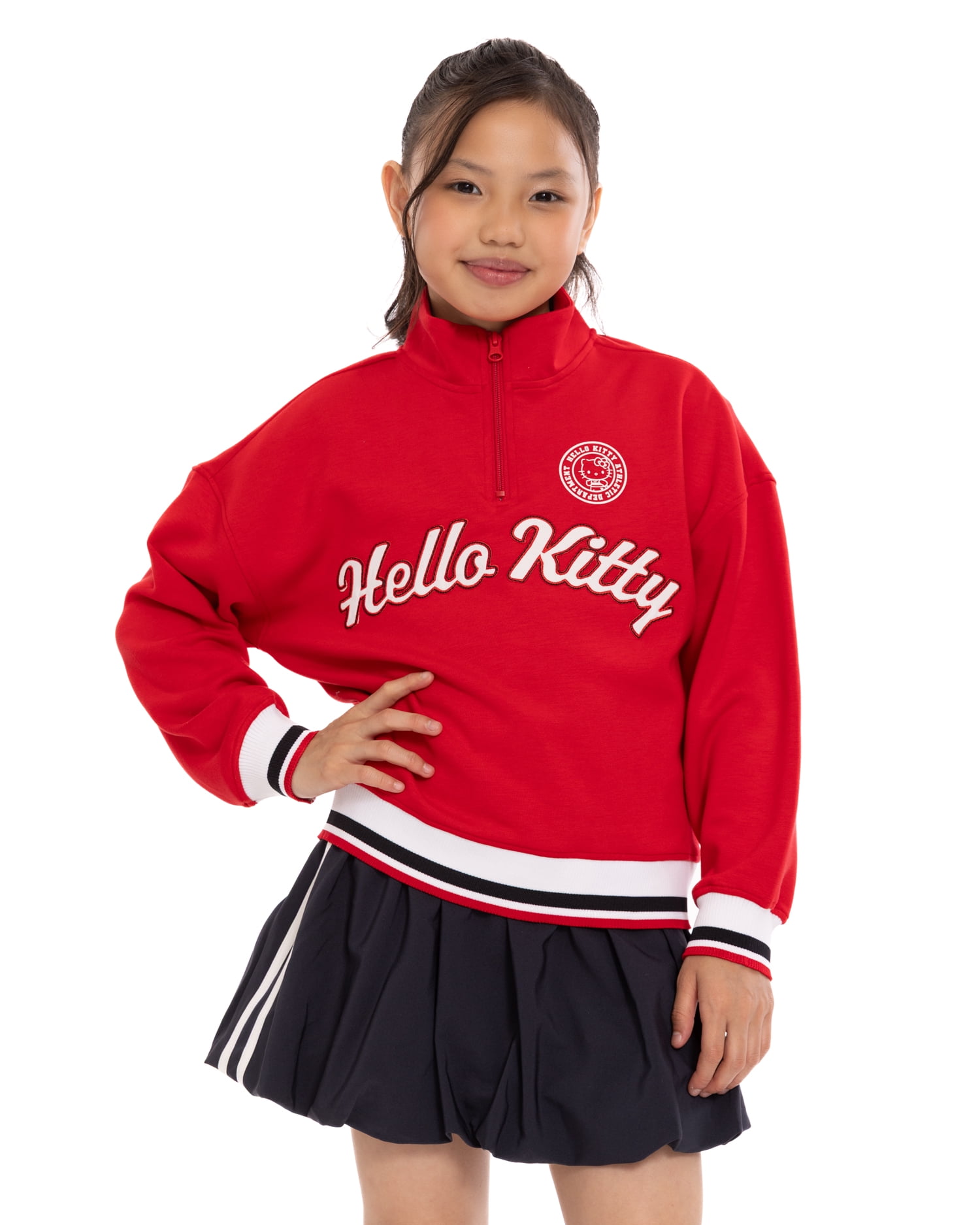 Hello Kitty Girls' Quarter Zip Graphic Pullover Sweatshirt with Long Sleeves, Sizes 4-12