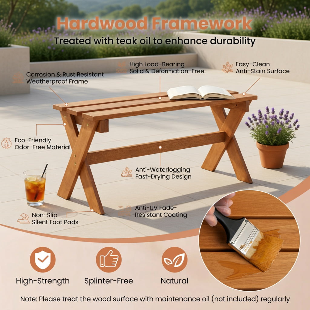 Hommoo 36" Solid Hardwood Outdoor Patio Bench, Backless Teak Oil Finished Dining Bench for Garden, Porch & Entryway, Natural