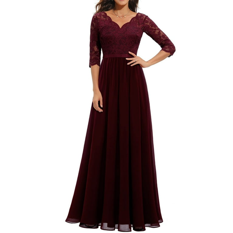 yoeyez Mother of Bride Dresses For Wedding 3/4 Sleeve V Neck Long dress  Women Floral Lace Chiffon Formal Dresses Solid Color Elegant Evening Gowns  Maxi Dresses Wedding Guest Dresses for Women -