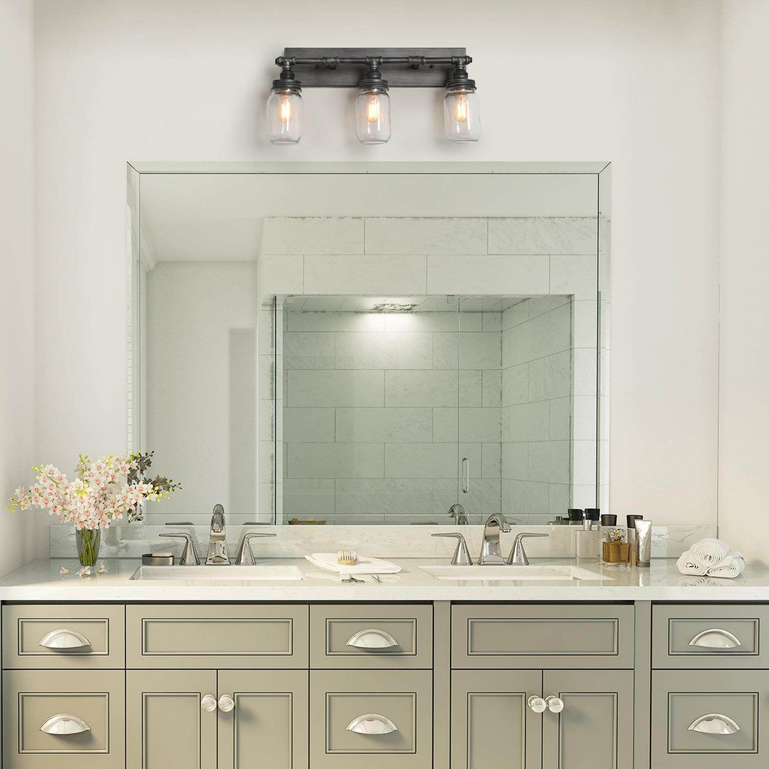 LNC 3-Light Brushed Gray Farmhouse Bathroom Vanity Light with Mason Jar Glass