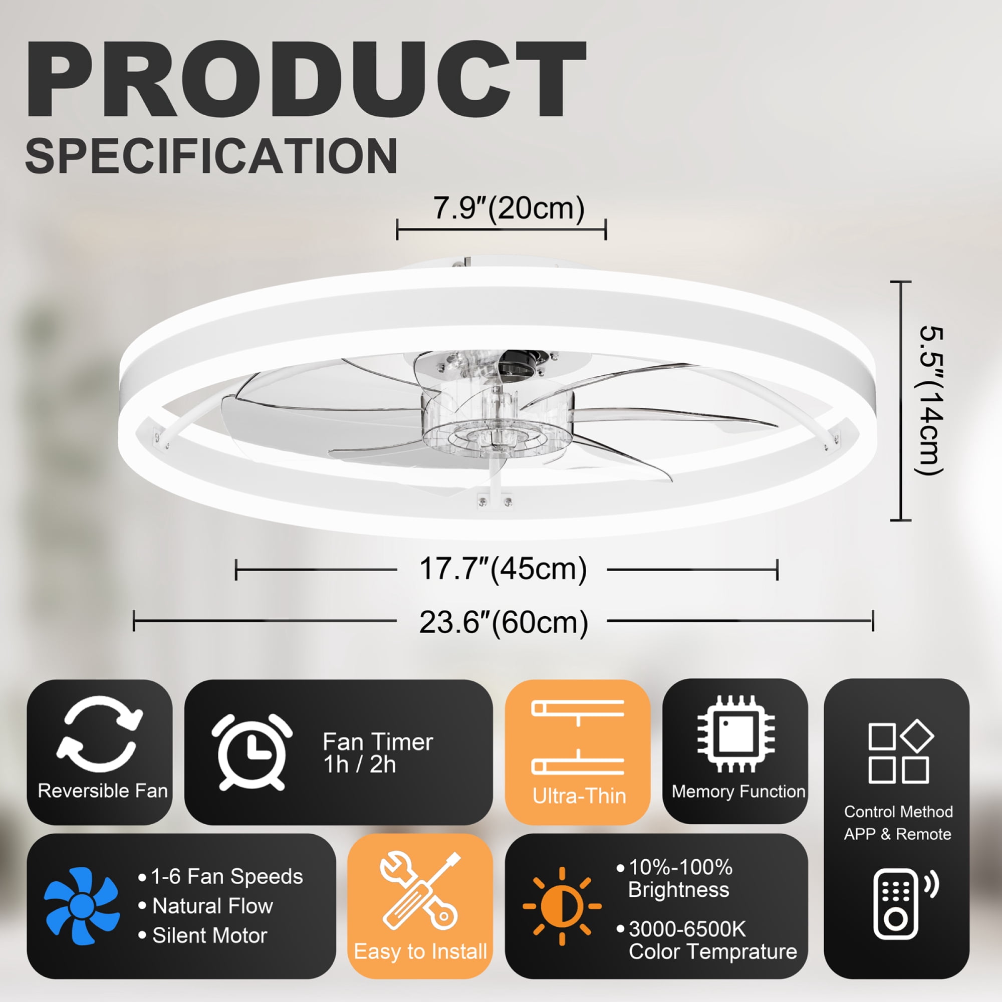 Leumius 23.6"Smart Ceiling Fan with LED Light, 7 Blades Modern Metal Design, 6-Speed Quiet DC Motor, APP & Remote Control, Dimmable Light 3000K-6500K for Living Room Bedroom White