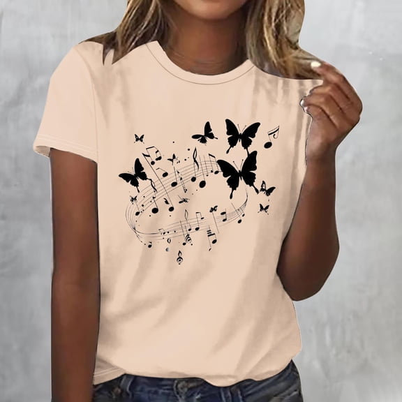 Odbmxy T Shirts for Women Plus Size Summer Short Sleeve Beige Tops for Women Workout Pullover Butterfly Print Loose Tops