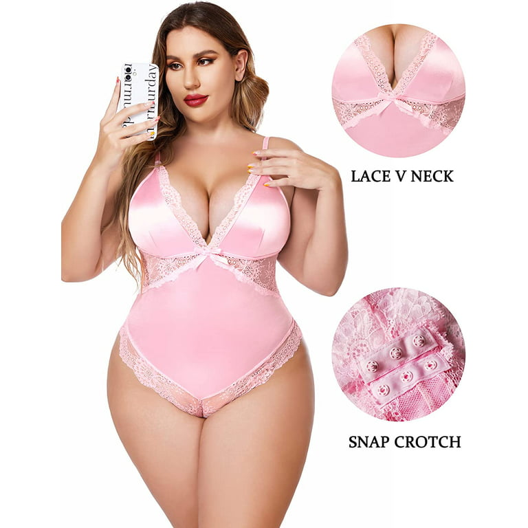 Avidlove Plus Size Women Lingerie Sexy Pink Deep V Neck Satin Bodysuit for  Going Out One Piece Teddy Babydoll Snap Crotch 