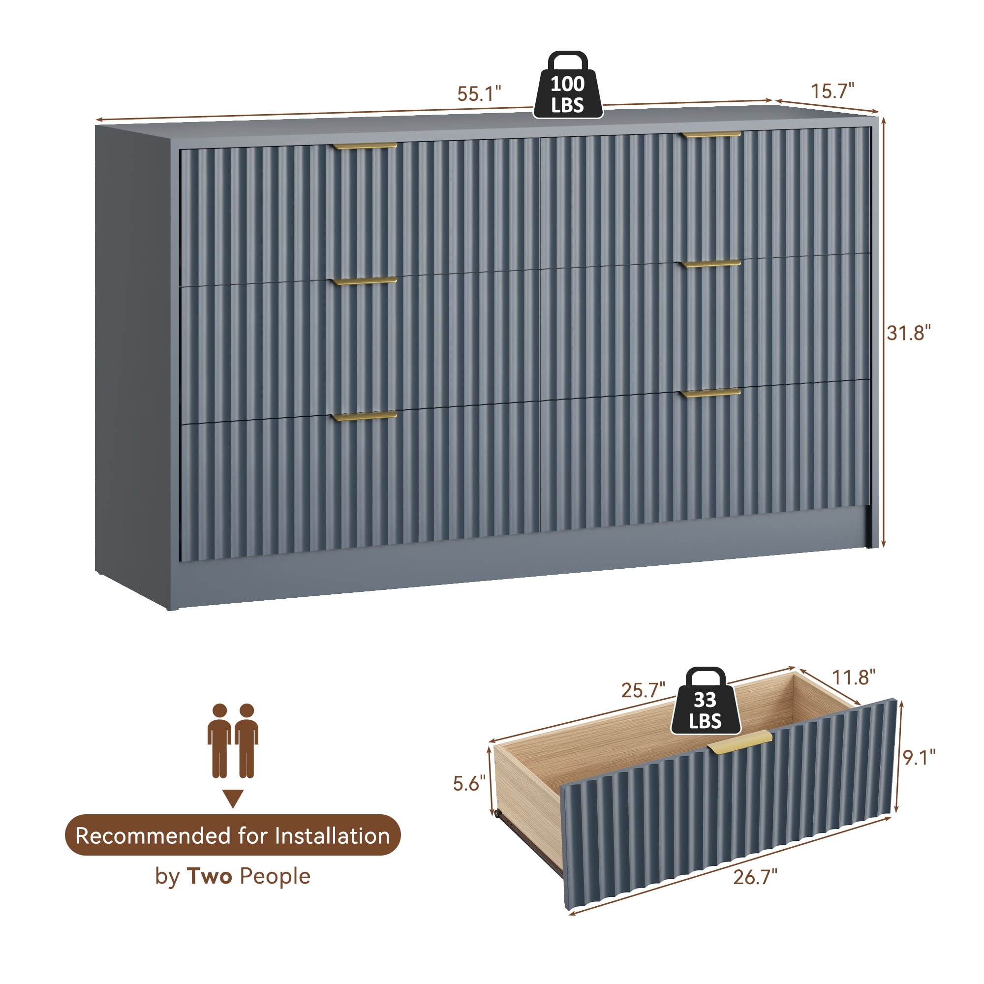 YouTrend 6 Drawer Dresser for Bedroom,55.1"Width Fluted Wood Chest of Drawer with Golden Embedded Handles for Living Room,Blue