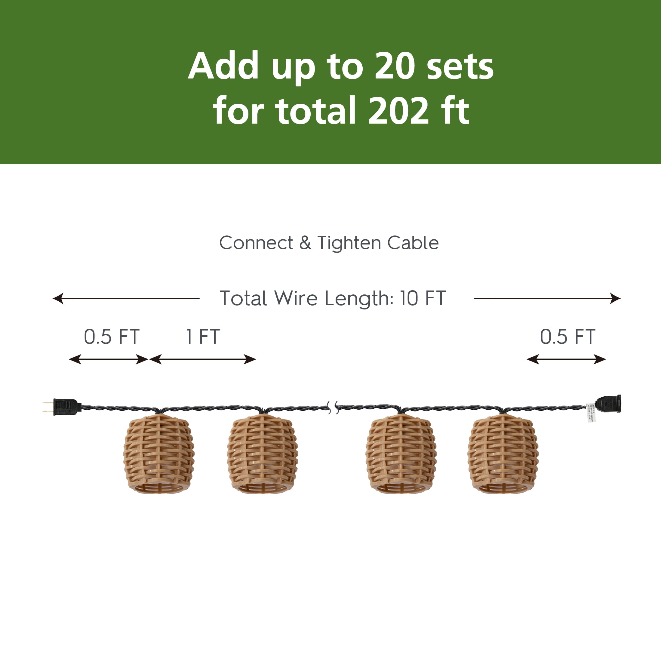Mainstays 10-Light 7.4-Feet Plug-in Beige Rattan Outdoor String Lights