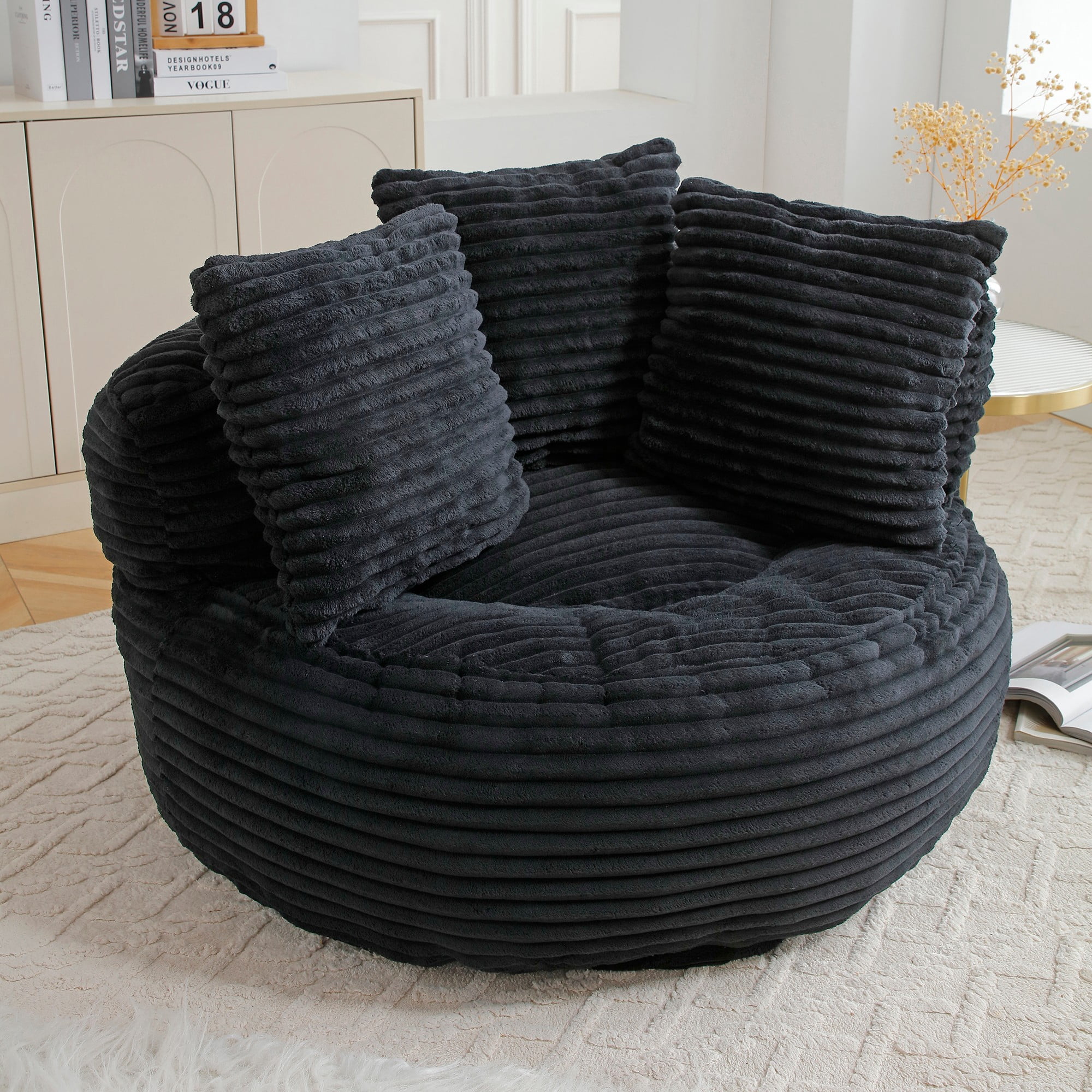 Aukfa 45" Oversized Round Bean Bag Chair, Deep Seat Lounger with 3 Pillows, No Assembly Sofa, Black