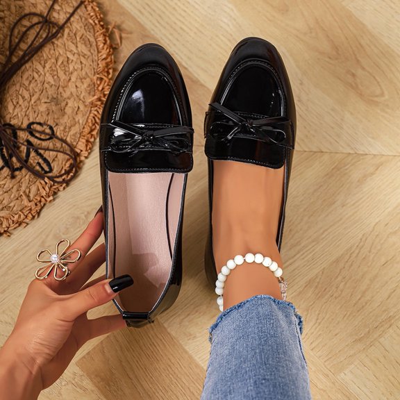 WHLBF Womens Shoes Round Toe Casual Plus Size Loafers Solid Color Bow Closed Toe Flat Soft Sole Size 6.5