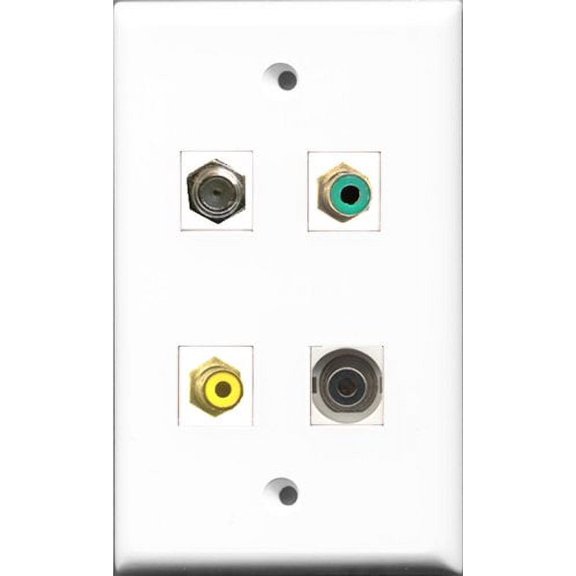 RiteAV 1 Port RCA Yellow and 1 Port RCA Green and 1 Port Coax Cable TV- F-Type and 1 Port 3.5mm Wall Plate