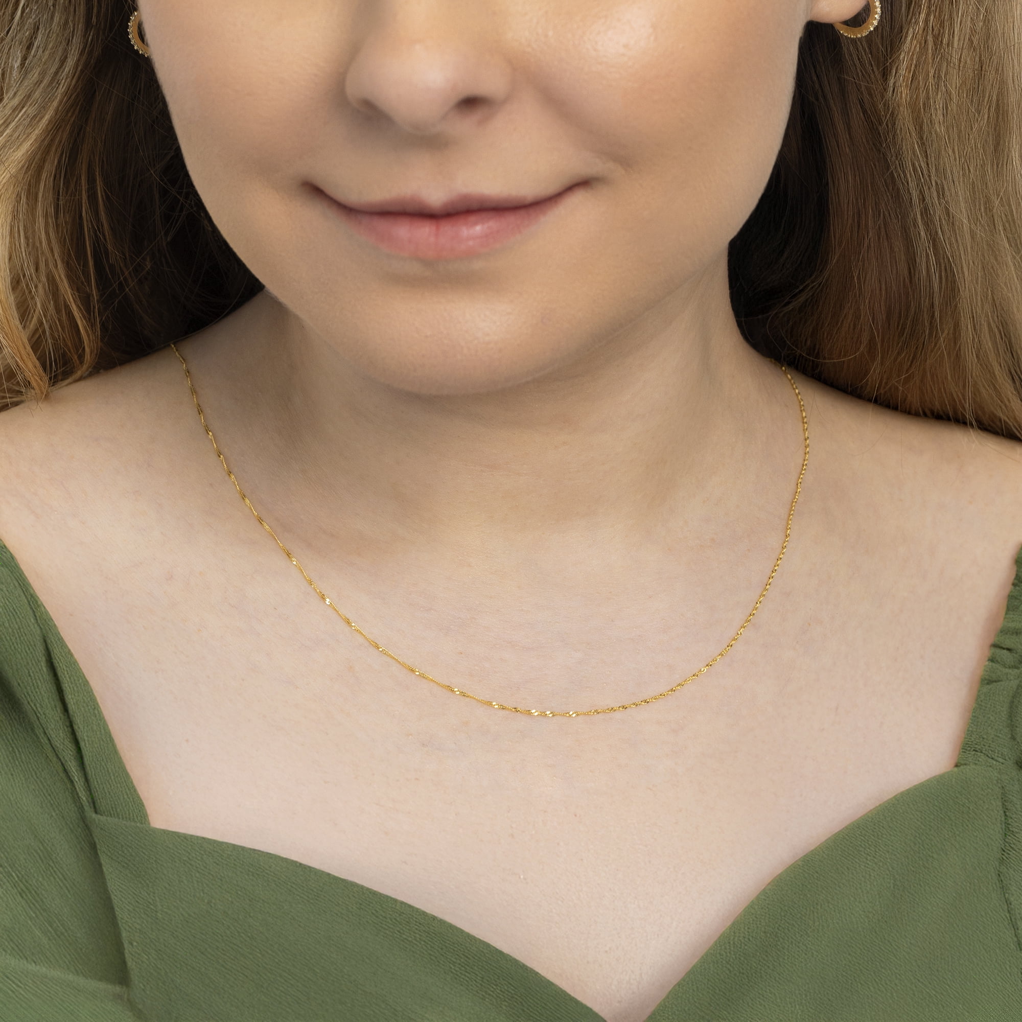 Amberta Real Italian Yellow 14K Gold Necklaces for Women Men | Super Thin Dainty & Sturdy Box Curb Singapore Solid Chain Delicate Choker 16/18/20 inch: 14K Gold Singapore Chain For Women 18 inch