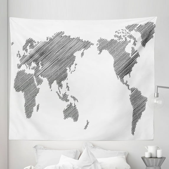 World Map Tapestry, Sketchy Striped Continents Cartography Geography Countries Worldwide Art, Fabric Wall Hanging Decor for Bedroom Living Room Dorm, 5 Sizes, Charcoal Grey White, by Ambesonne