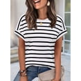 thumbnail image 5 of Women's Short Sleeve Shirts Outfits Stripe Dressy Clothes Tops for Casual Summer Black & White XL, 5 of 8