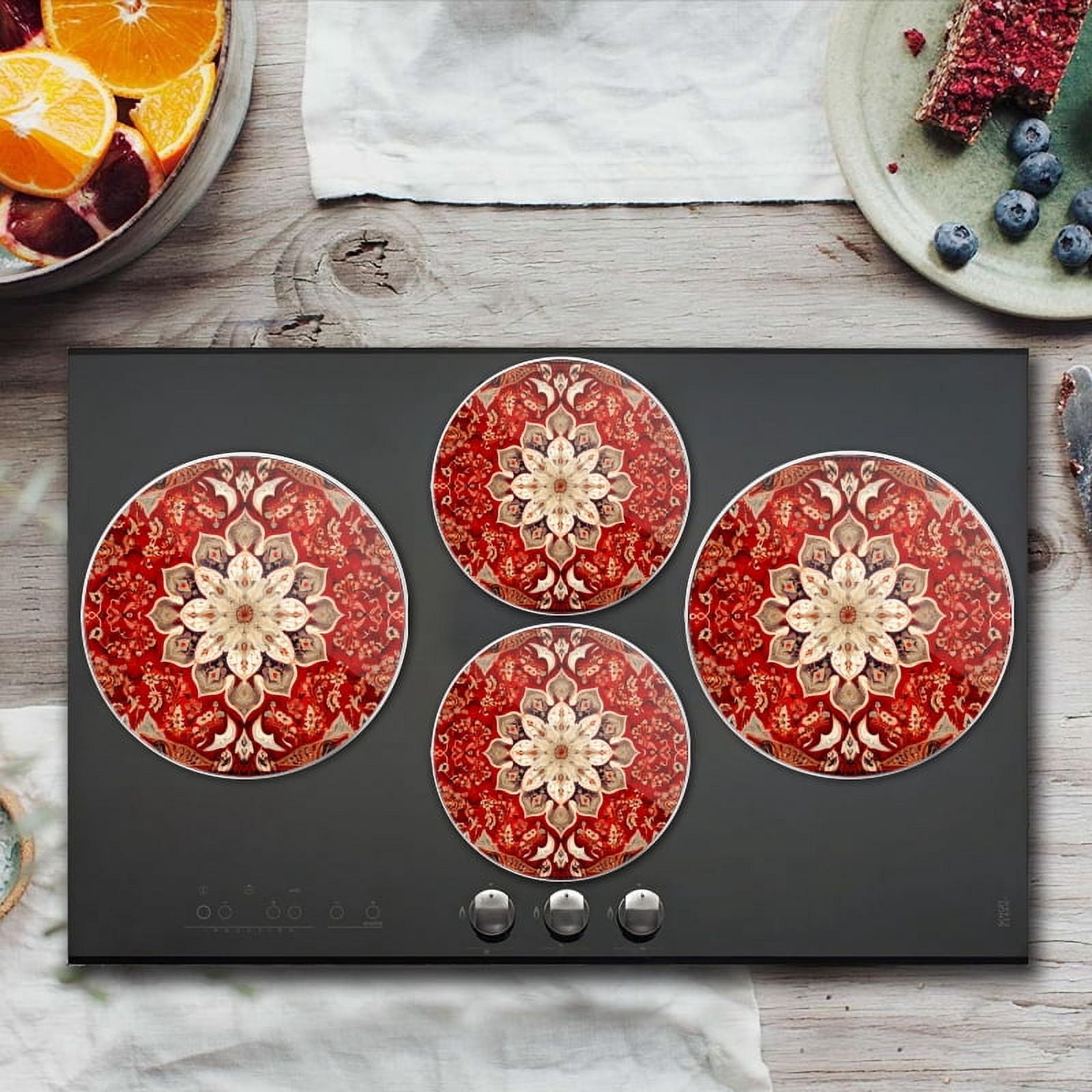 Bahomeck Gas Stove Burner Cover Set Of 4,Carpet With Intricate Pattern Of Red And Beigemetal Electric Stove Burner Covers,Protecting Gas Stoves,Kitchen Decor，8 Inches And 10 Inches
