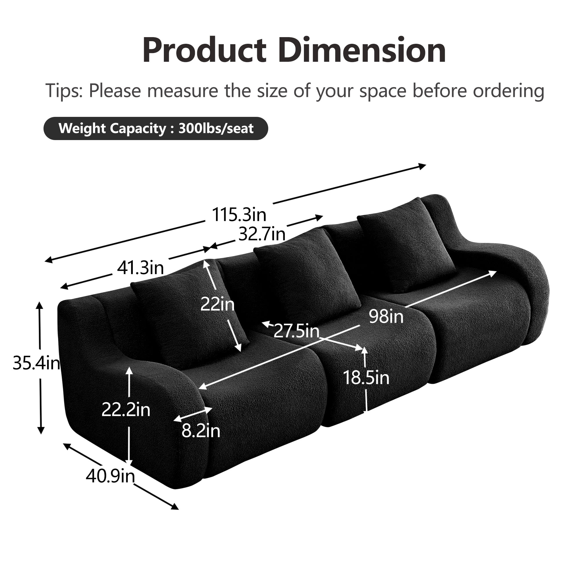 Alvantor Sectional Sofa 115" W 3-Seater Teddy Boneless Couch Modern Deep Seat Cloud Sofa for Living Room Black