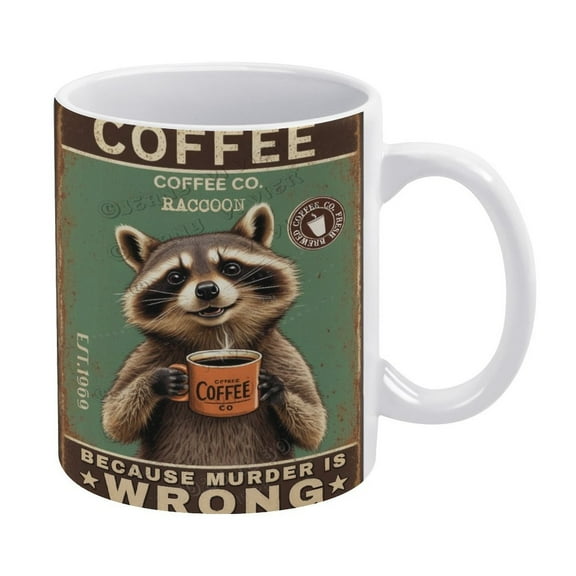 Funny Coffee Mug - Raccoon Decor Coffee Because Murder Is Wrong Mug - 330 ml / 11 oz White Ceramic Cup - Tea Cup for Xmas Party