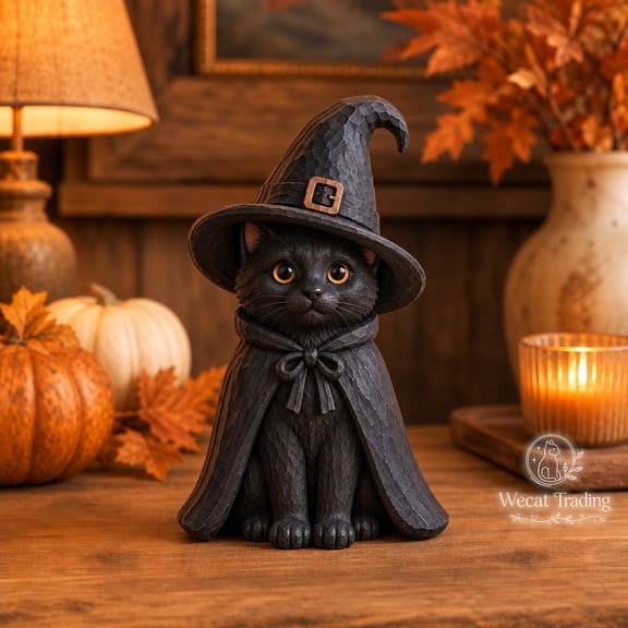 Wooden Block Figurine 3-Layer Black Cat Witch for Tabletop Display, Halloween Gift