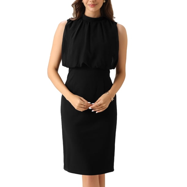Vestidos de trabajo inspiradores CHIC para mujer, sin mangas, con cuello tipo polo, midi, ajustados al cuerpo, con drapeado frontal y patchwork, talla XS, color negro