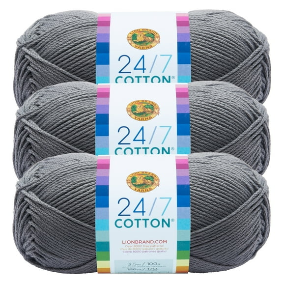 Lion Brand Yarn 24/7 Cotton Silver Medium Mercerized Cotton Yarn 3 Pack