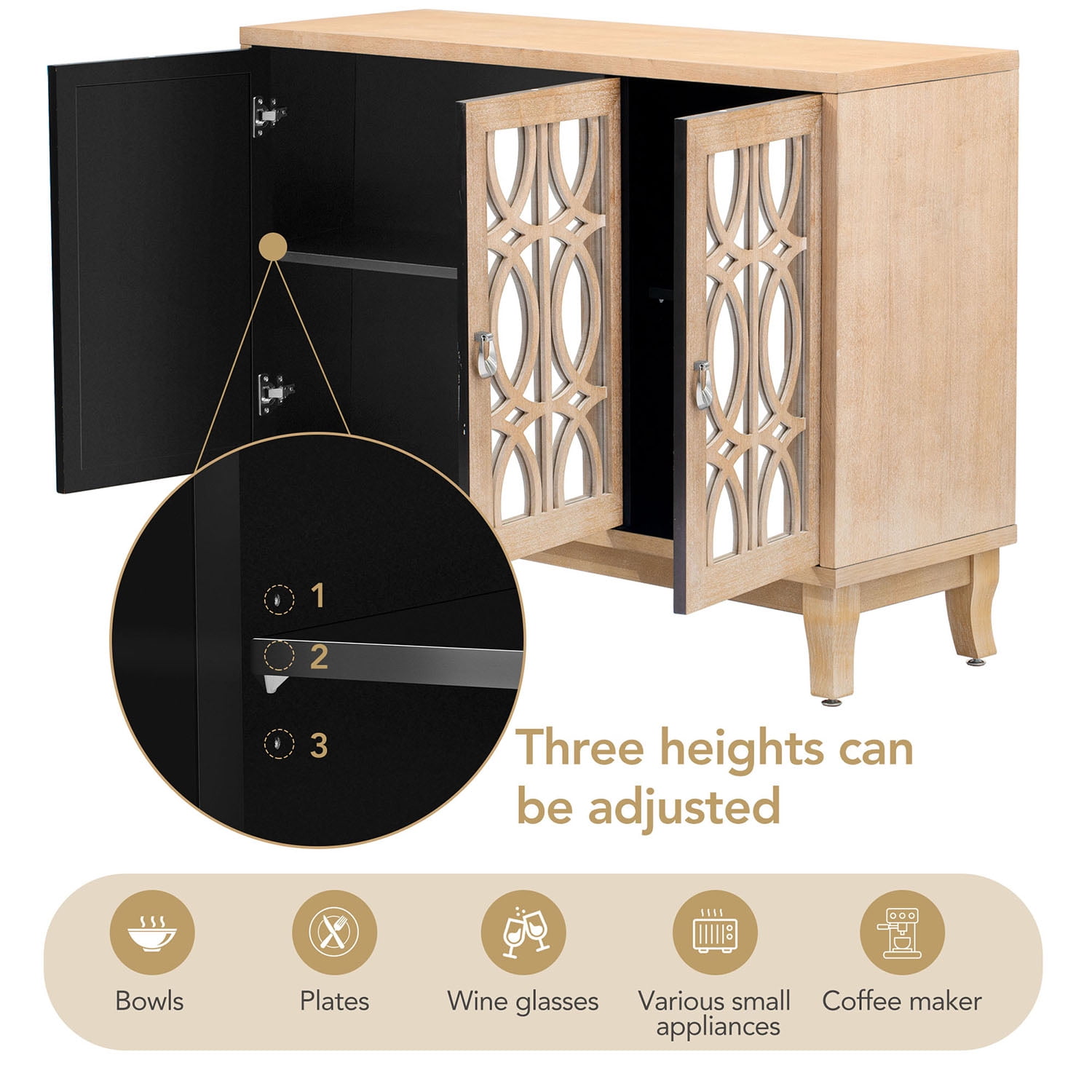 Kadyn Sideboard with Glass Doors, Accent Storage Cabinet with 3 Door, Sideboard Buffet Cabinet for Hallway, Natural