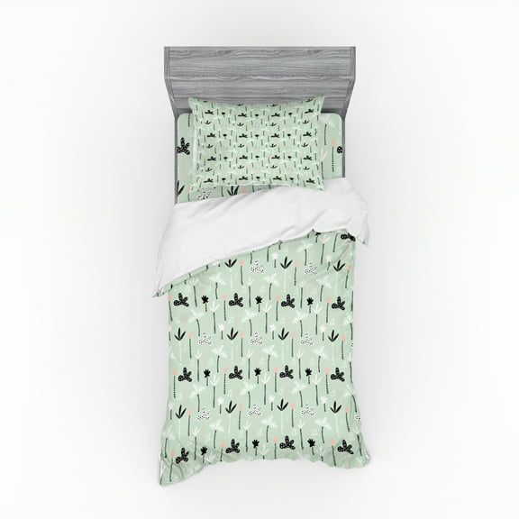 Ambesonne Tropical Bedding Set 3 Pcs, Exotic Hawaiian Palm Trees, Twin, Mint Green Black