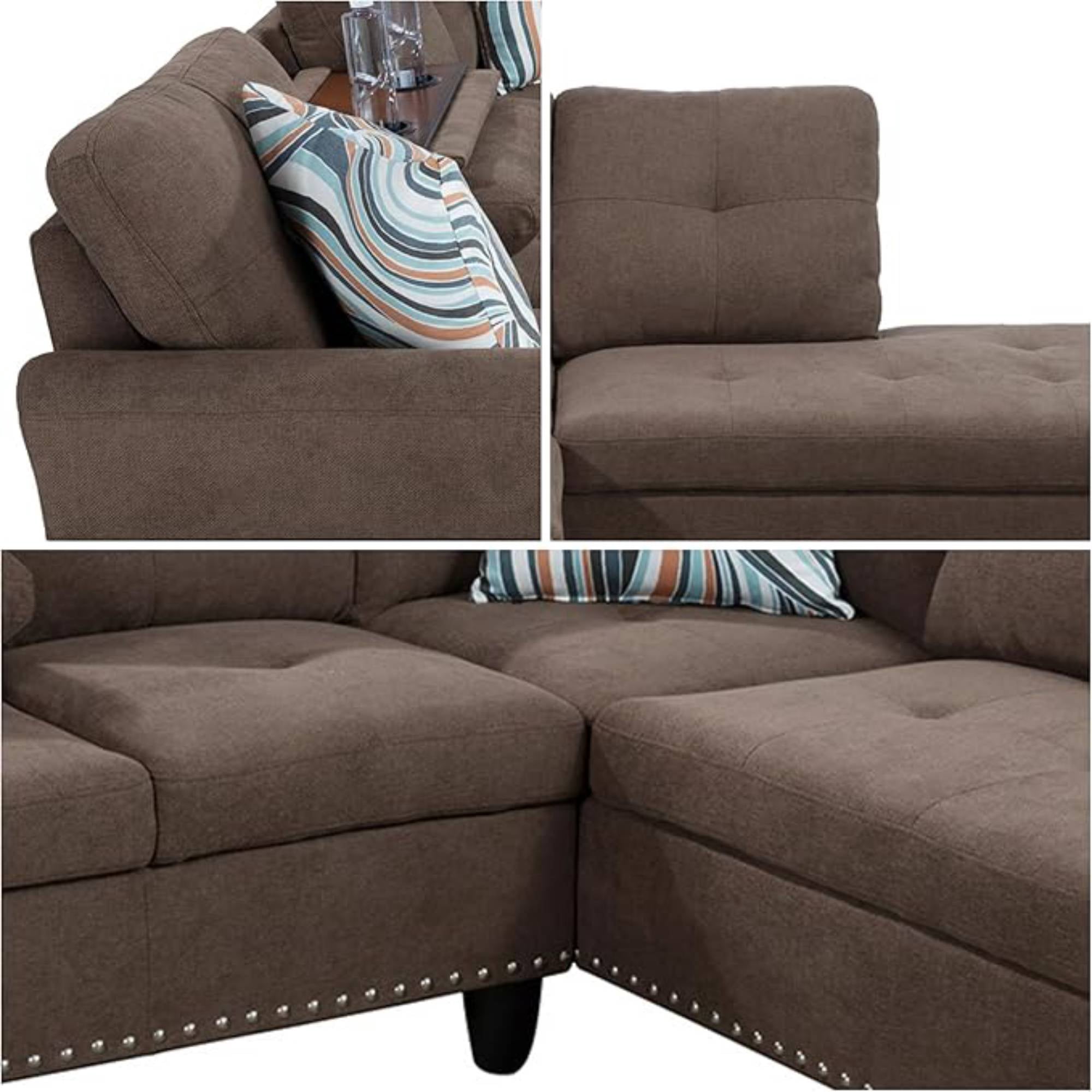 L Shaped Sectional Couches, Modular Fabric Corner Sofa with Cup Holder Lounge Sofa with Right Chaise for Living Room, Brown