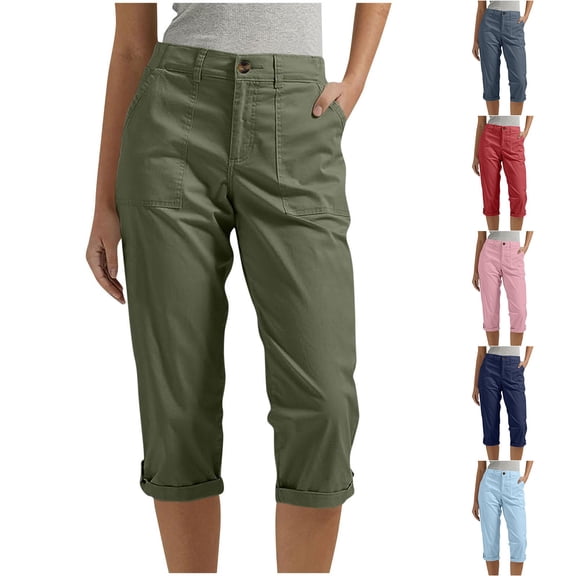 CAIXIA Capri Cargo Pants for Women High Waisted Pull On Elastic Waist Stretch Twill Fold Hem Capris Pants with Pockets