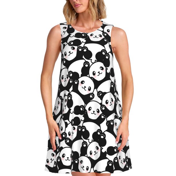 Balery Seamless Pattern Cute Panda Vestidos de verano para mujer con estampado: vestido holgado sin mangas, vestido playero informal y cómodo para días calurosos.