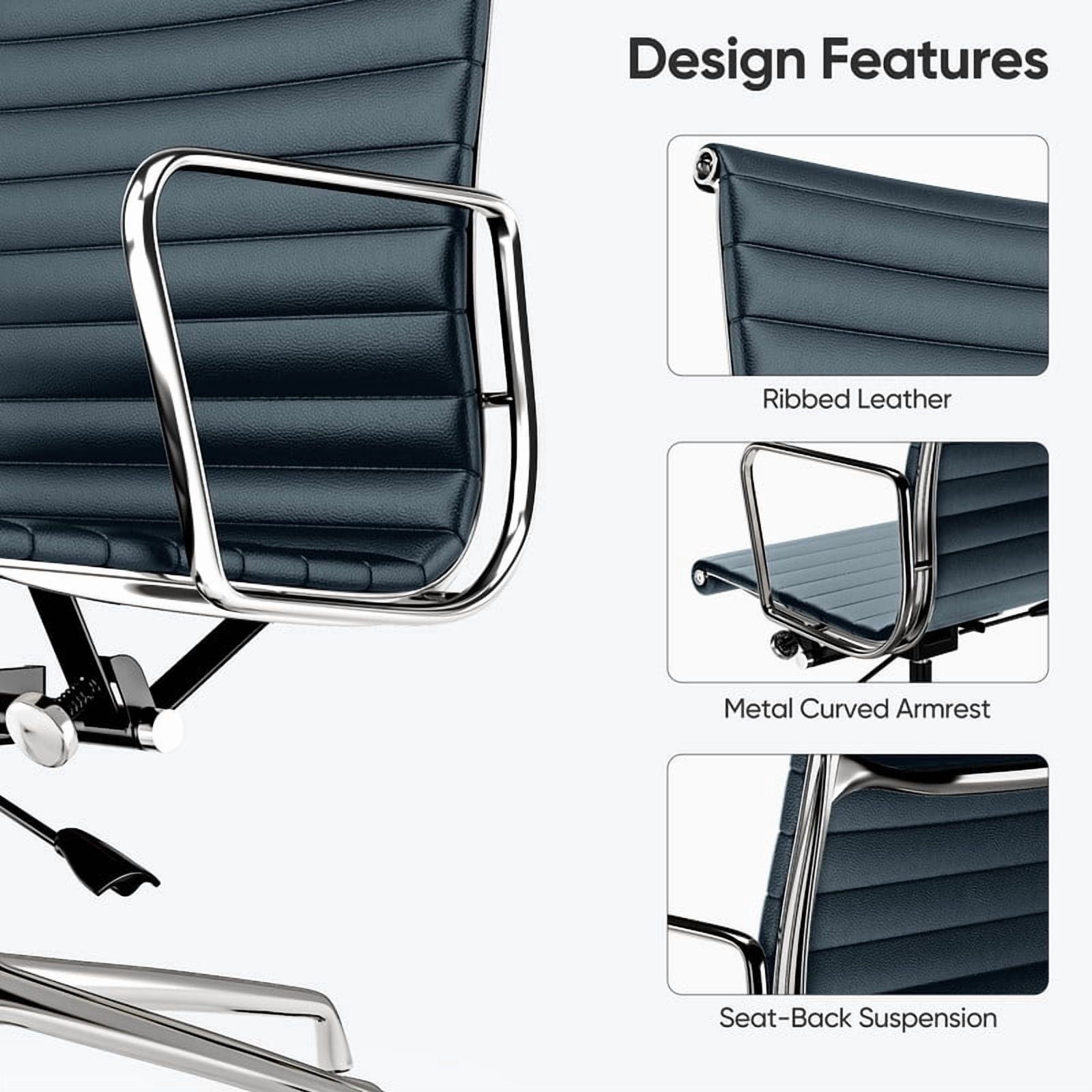 Cottinch Ribbed Office Chair Mid Back Genuine Leather Ergonomic Desk Chair with Arms, Adjustable Height Executive Conference Task Chair Swivel Chair for Home Office, White