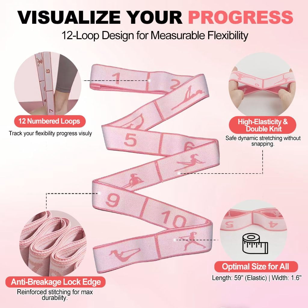 2-in-1 Fabric Resistance Bands Set & 12-Loop Numbered Elastic Stretching Strap - Non-Slip Booty Bands for Glute Workout, Stretchy Yoga Belt for Physical Therapy & Rehab