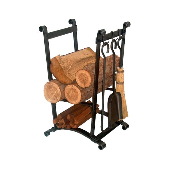 Enclume Compact Curved Log Rack with Fireplace Tools, Hammered Steel