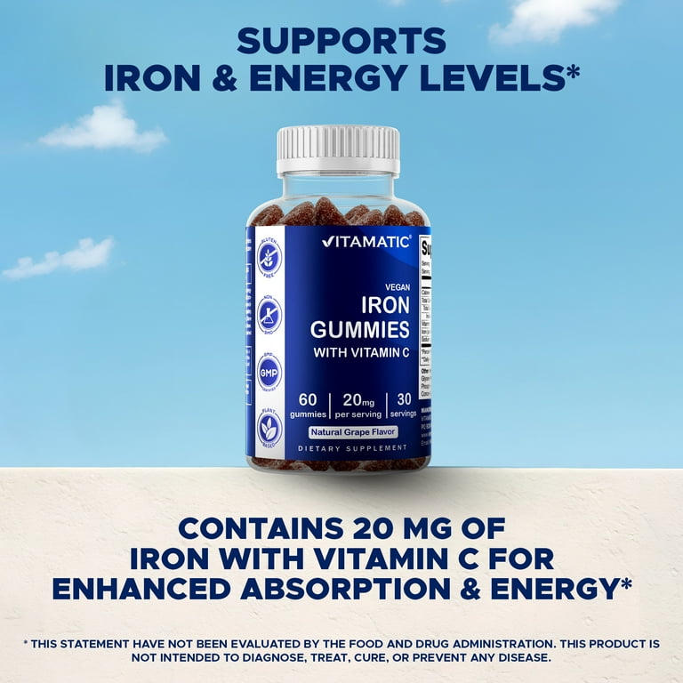 Iron Gummies For Women And Men - Mixed Berry Flavor With Vitamin C, Zinc, Folic Acid & B Vitamins - 60 Chewable Vegan Iron Supplements For Anemia | Buy Now With Express