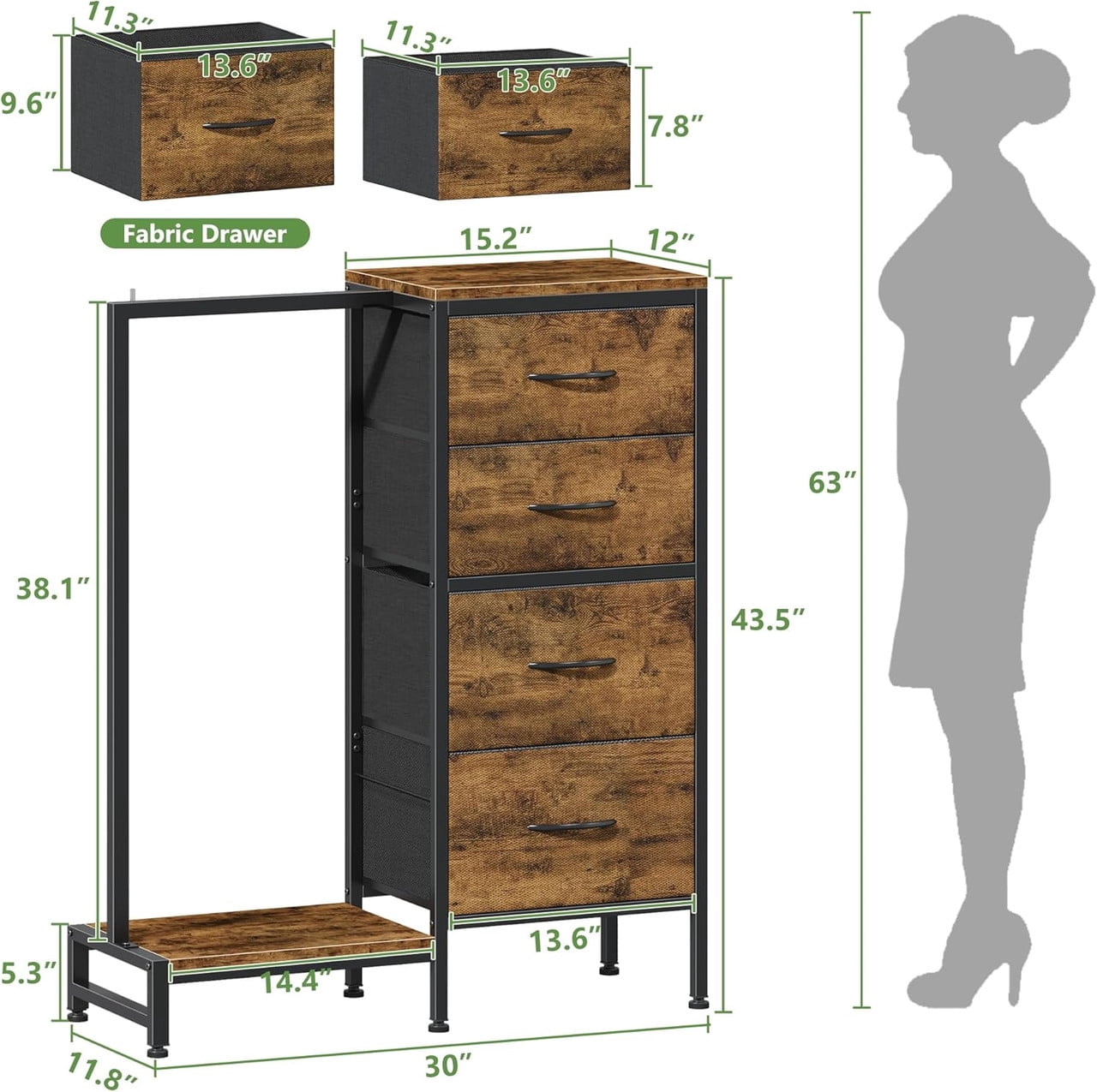Simenmax 4-in-1 Storage Tower with Clothes Rack, Tall Garment Rack with Shoe Shelf and Bag Hook, Heavy Duty Organizer for Bedroom Entryway Living Room, Brown