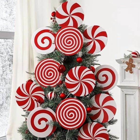 Candy Christmas Tree Ornaments, 8'' Christmas Decorations for Christmas Tree, Red and White Peppermint Candy Design, PVC, 4 Pieces, Large Hanging Holiday Decorations for Home, Office, Party