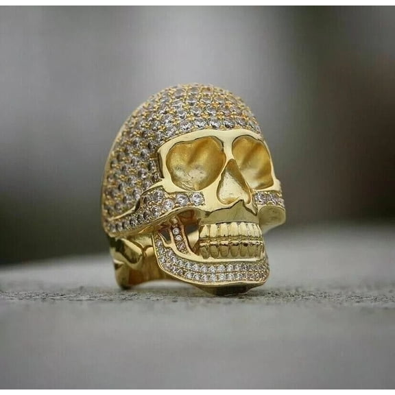 Gems Jewels 2 Ct Round Cut Diamond Wedding Engagement Skull Ring 14K Yellow Gold Plated 925 Sterling Silver For Men's -7.5