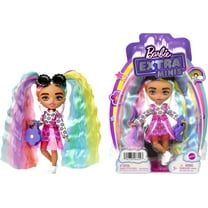 Barbie Extra Minis Doll #6 with Rainbow Pigtails in Daisy Dress & Vinyl Overalls with Accessories