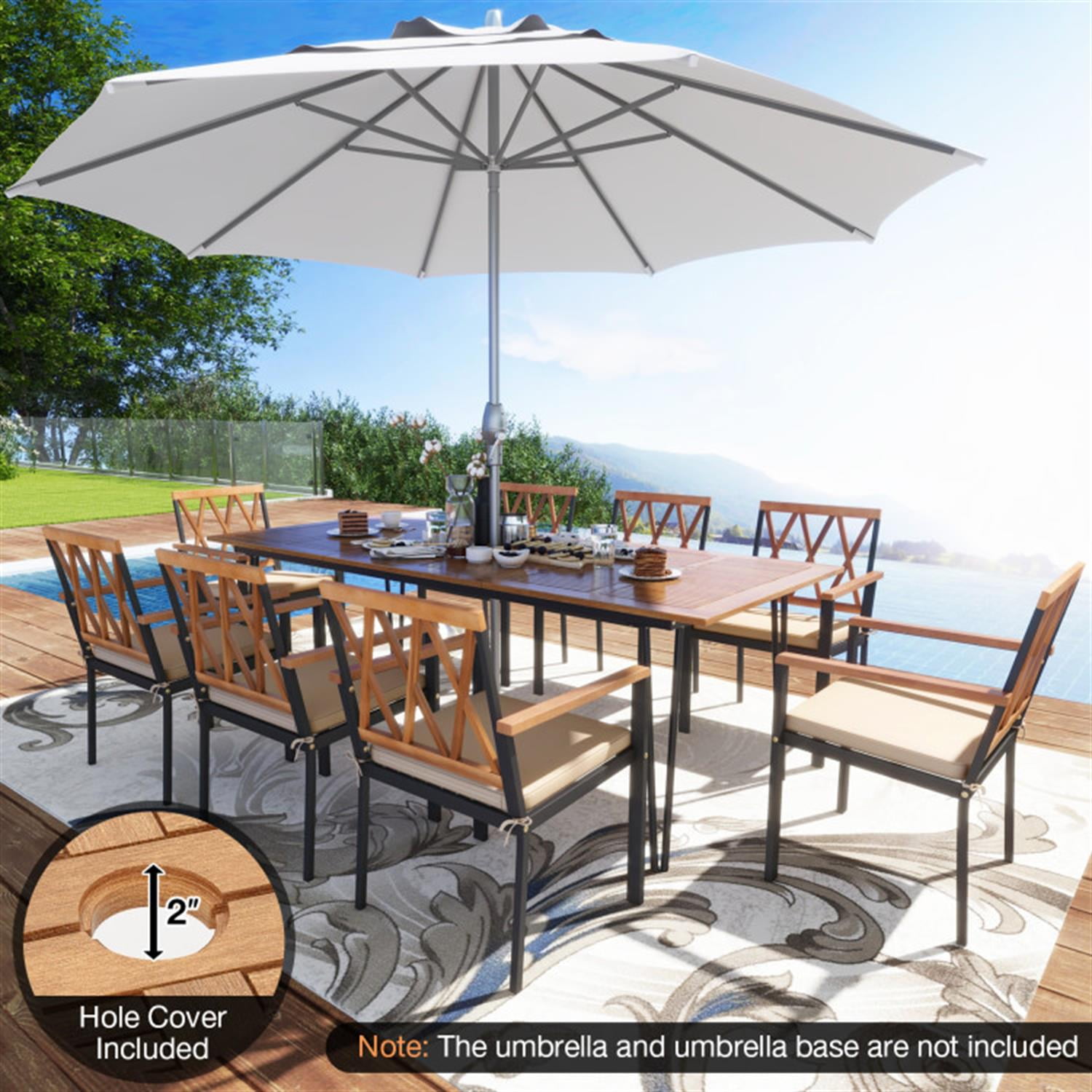 Demi Bonn 9 Pieces Outdoor Patio Furniture Set, Acacia Wood Dining Set with 8 Chairs and Umbrella Hole, Conversation Dining for Garden Poolside Balcony, Beige-A