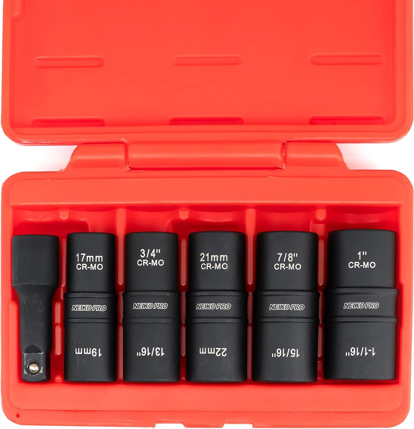 NEIKO 02287B 6-Pc 1/2-Inch-Drive Impact Socket Set, 10 SAE & Metric Sizes, Thin Wall Wheel Lug Nut Socket Set, Cr-Mo, 3-Inch Extension Bar, 6-Point, 19 & 21mm Sockets