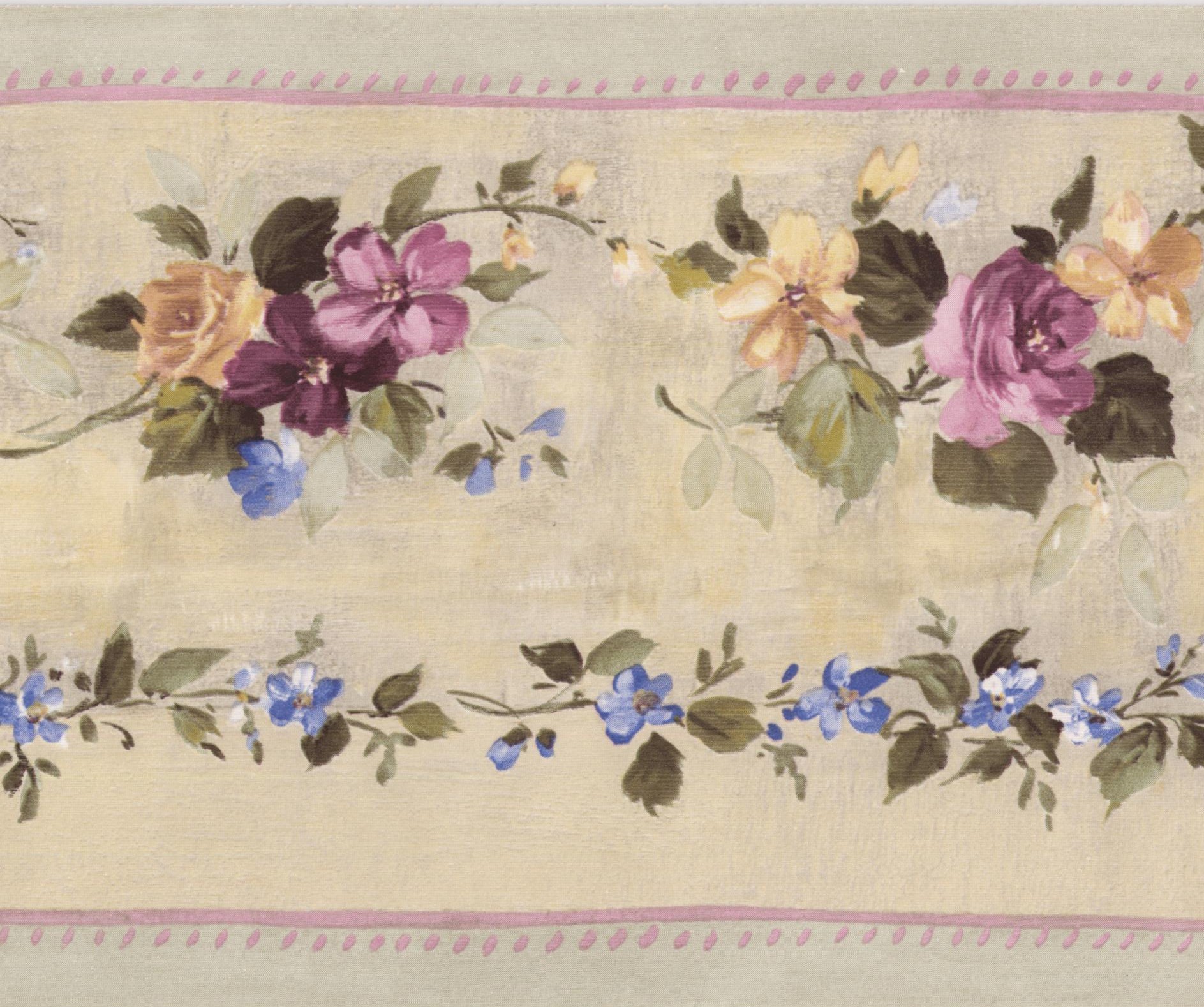Wallpaper Border Pink Bloomed Roses on Vine Beige Floral Wall Border Retro Design, Roll 15 ft