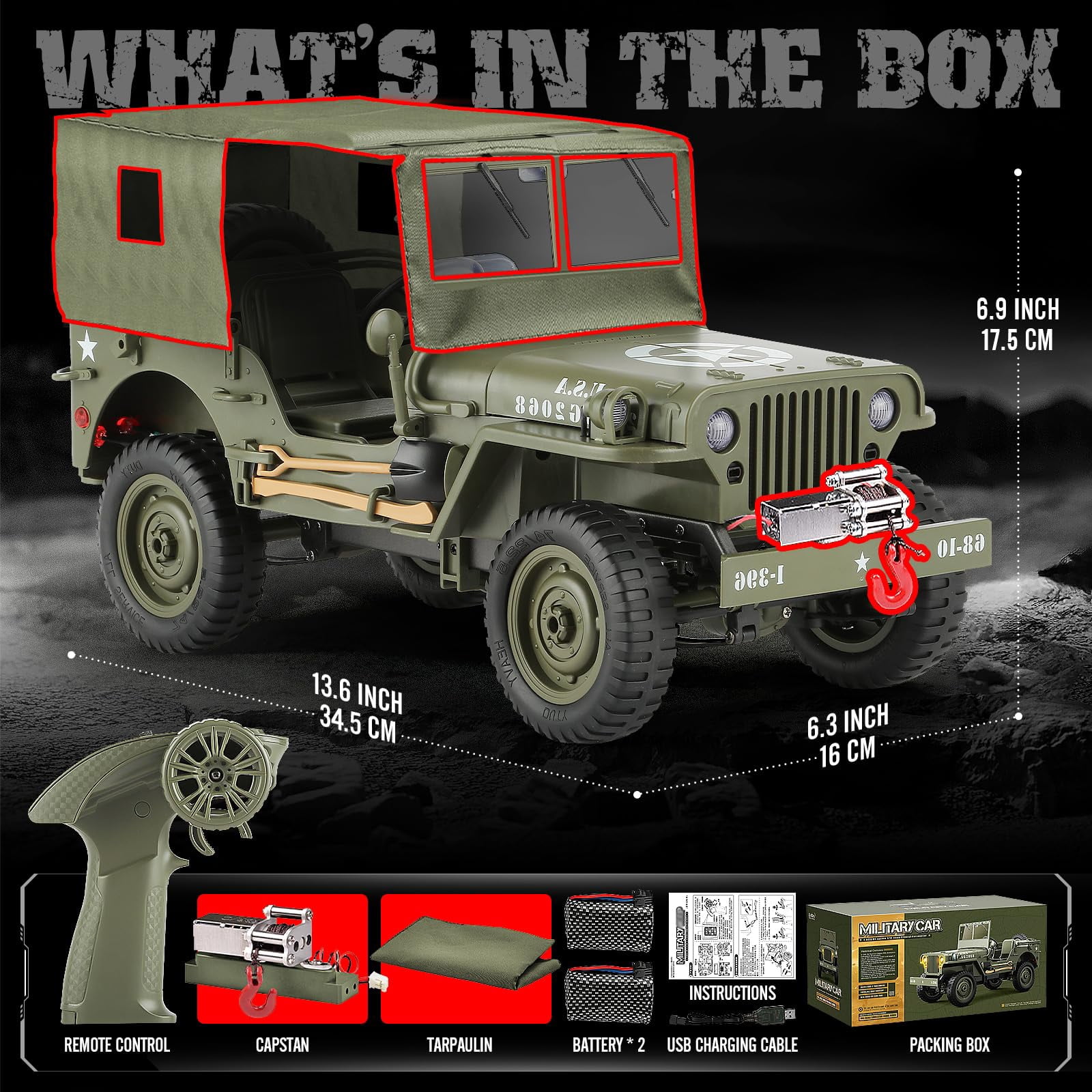 C8815 Remote Control Truck Off Road - 4x4 1/10 Scale Willys Army Rock Crawler RC Truck with Winch&Car Cover, All Terrain Offroad RC Car