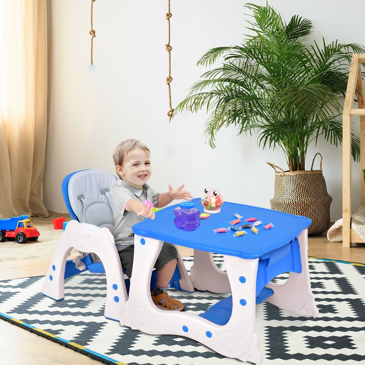 Costway 3 in 1 Baby High Chair Convertible Play Table Seat Booster Toddler Feeding Tray Blue