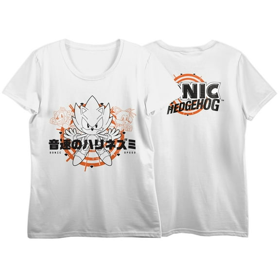 Sonic The Hedgehog Classic Sonic On Orange Circles Crew Neck Short Sleeve Women's White T-shirt-Large