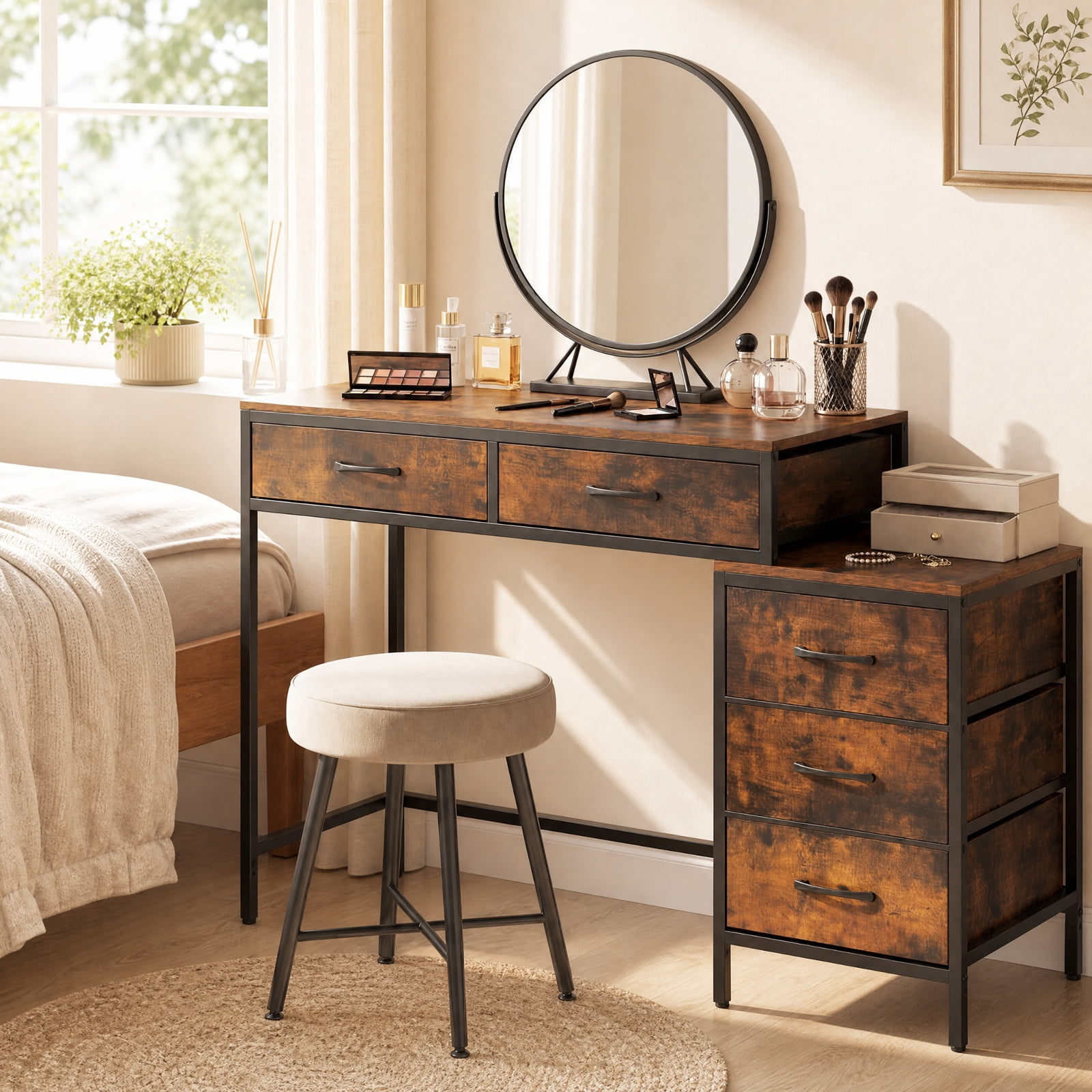 Furnibear Computer Desk with 5 Drawers and Printer Stand for Bedroom and Small Spaces for Home Office Study Computer Writing Workstation, Rustic Brown