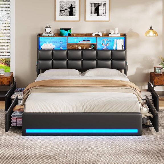 CalmOasis Full Size LED Bed Frame, PU Upholstered Platform Bed with Storage Headboard and Drawer, Charging Station, Black
