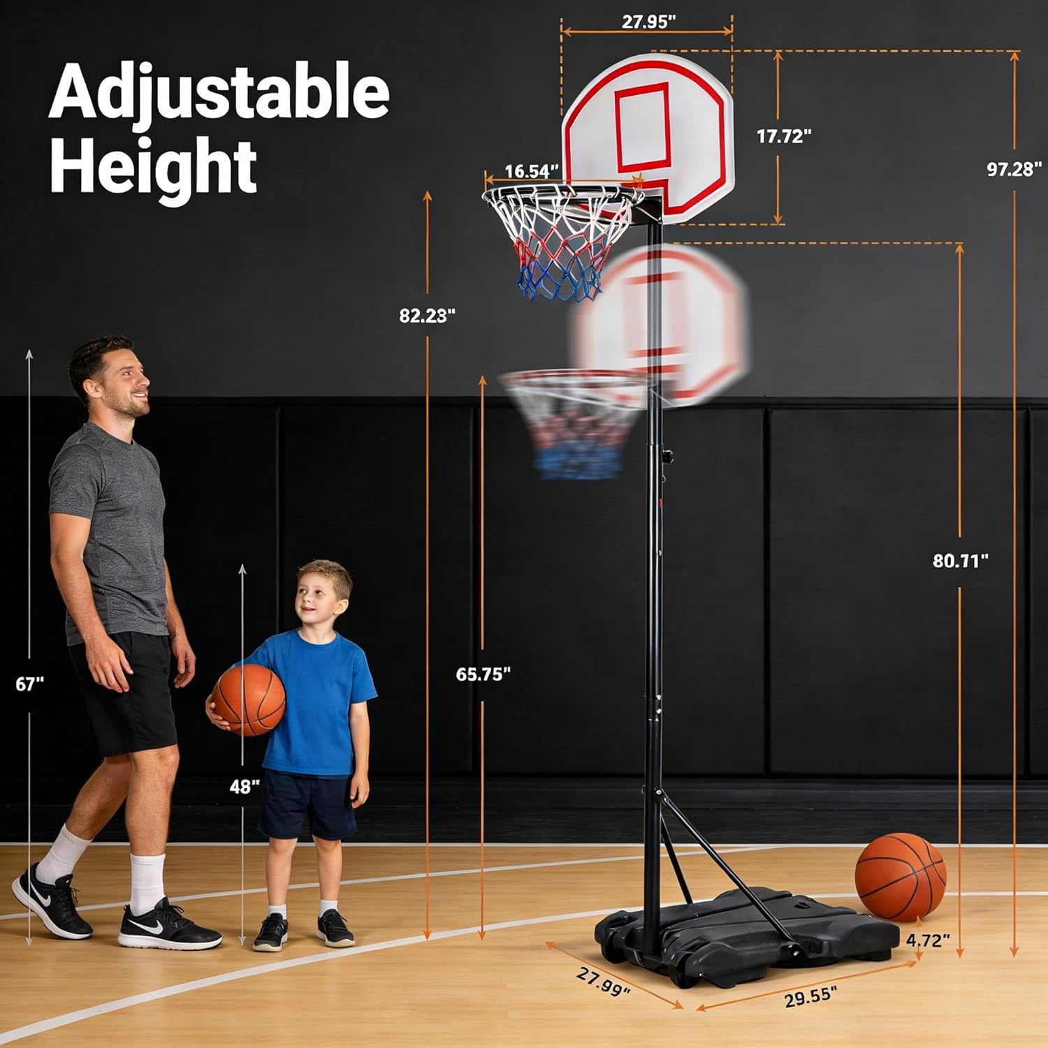 WLTER Portable Basketball Hoop Outdoor, Adjustable Basketball Goal 5.4-7Ft, Basket Ball Hoop for Kids, Youth, Driveway Backyard Hoop with PC Backboard