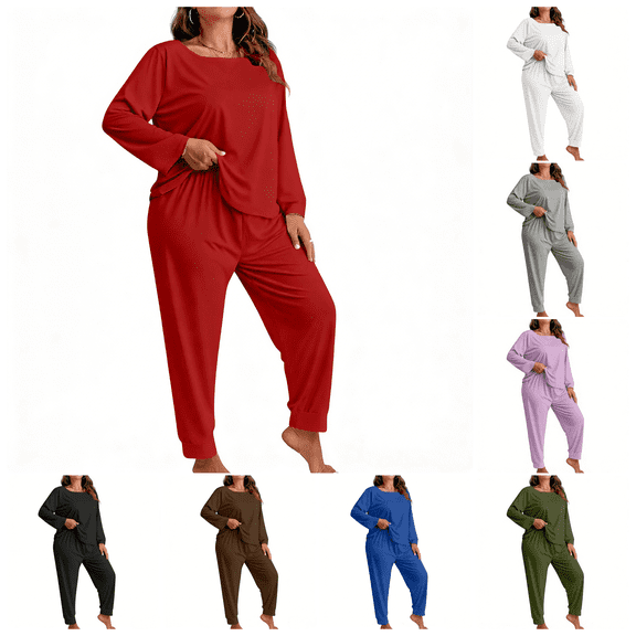 LIBRCLO Womens Pajama Sets Plus Size Fashion Solid Color Lounge Wear Casual Long Sleeve Pants Sleepwear