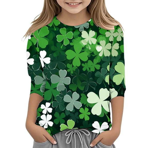 CONZONE St. Patrick'S Day Toddler Baby Girls T Shirts 3/4 Sleeve Fashion Clover Graphic Tee Shirt for Girls Crew Neck Soft Loose Childrens Spring Tops