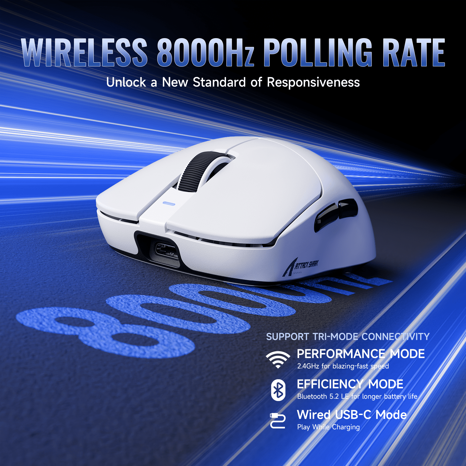 ATTACK SHARK X8 ULTRA Wireless Gaming Mouse, Tri-Mode 2.4G/USB-C Wired/Bluetooth, PAW3950MAX Sensor, 42000 DPI, 55g Lightweight Design, 8000Hz Polling Rate, White