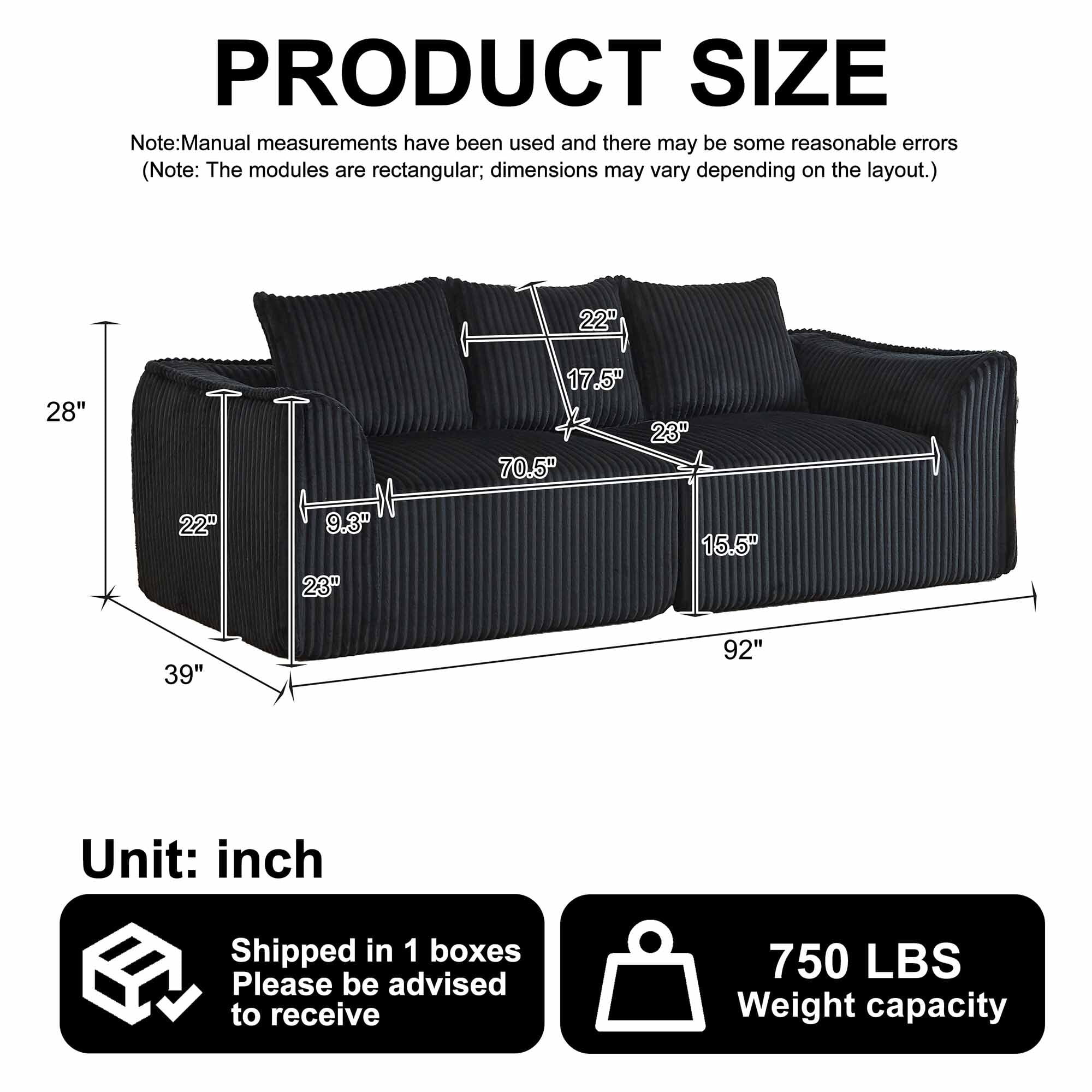 Lunale 3-Seater Modular Sectional Sofa, 92" Boneless Cloud Couch, No Assembly Required, Modern Corduroy Sofa for Living Room, Black