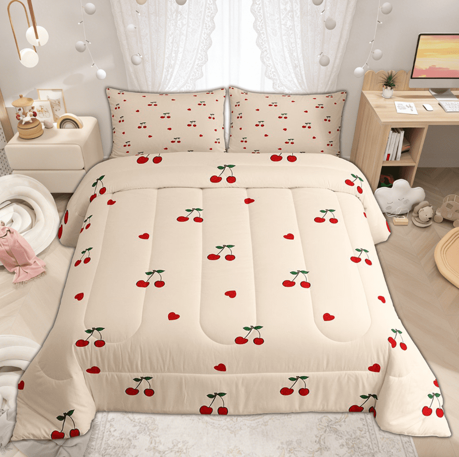 Manfei Kawaii Orange Cartoon Cherry Queen Comforter Set for Kids Girls, Cute Love Heart Bedding Sets, Reversible, 3-Piece