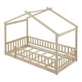 thumbnail image 3 of Twin Size House Bed for Children, Wood Montessori Bed Twin Floor Bed Frame with Fence Shaped Guardrails and Roof Design for Teens, Girls & Boys Bedroom, Natural, 3 of 7